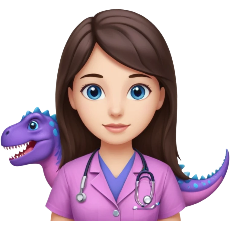 pretty brunette nurse with long hair and blue eyes in pink and purple dinosaur pattern scrubs emoji