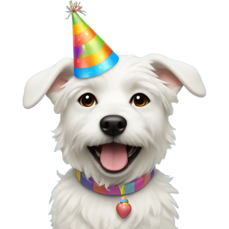 White male small dog wearing birthday hat with a cake  emoji