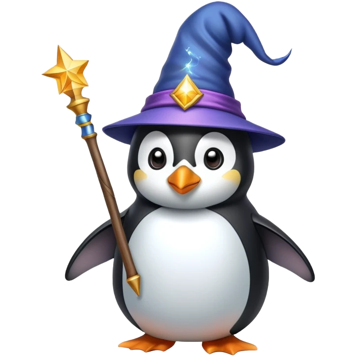a penguin wearing a wizard hat and holding a magic wand emoji