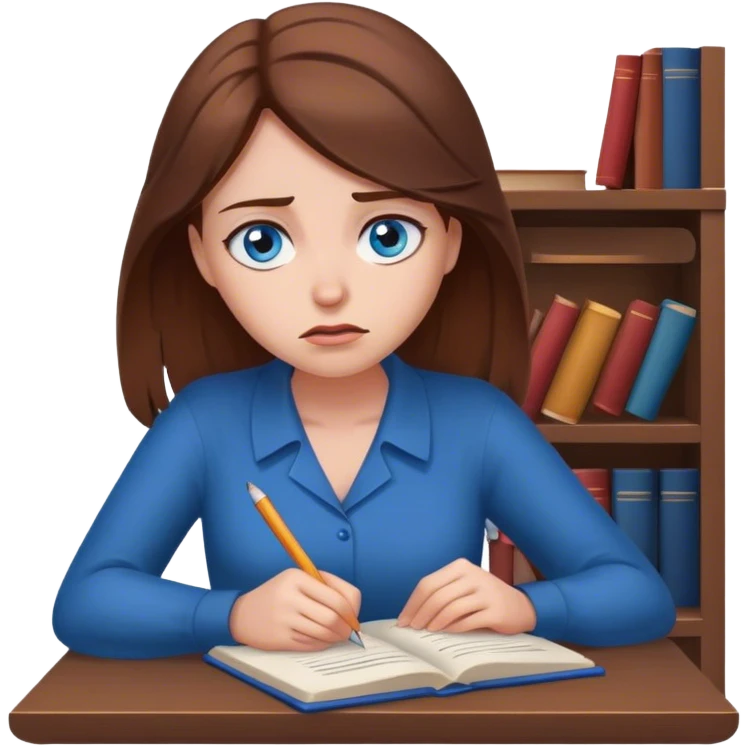 female writer, romantic, with brown hair, fair skin and blue eyes writing a book with a worried face emoji