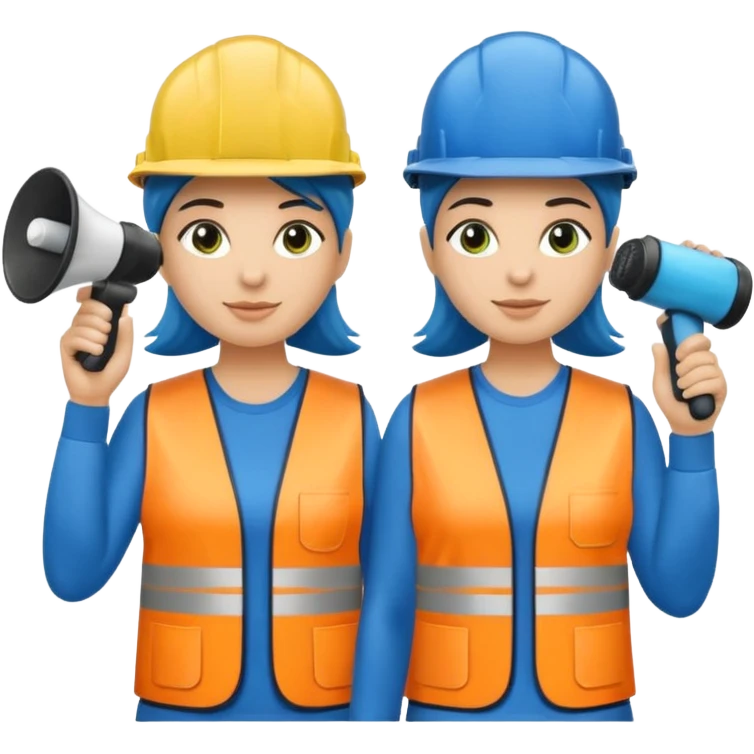 Duas pessoas com capacete de obras azul e um megafone na mão e camisa social cinza com faixas reflexivas verdes nos braços. Deve ser um homem e uma mulher. Os dois capacetes devem será azul escuro. emoji