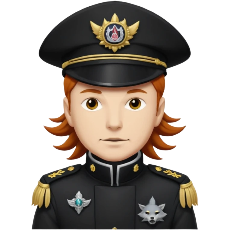 An auburn-hair'ed admiral with a flawless bear and mustache wearing a black admiral outfit and hat with Wolf Ears coming out of the hat, and 9 tails behind him, with the admiral black shirt featuring on the left breast pocket the insignia of Helldivers 2 emoji