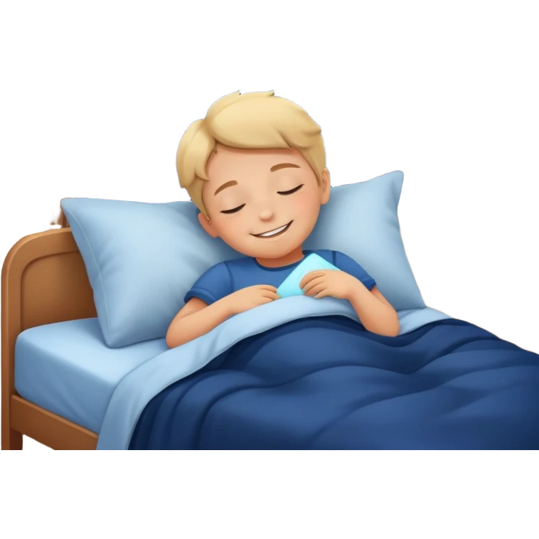 a child tucked in bed sleeping with a smile, night sky outside window emoji