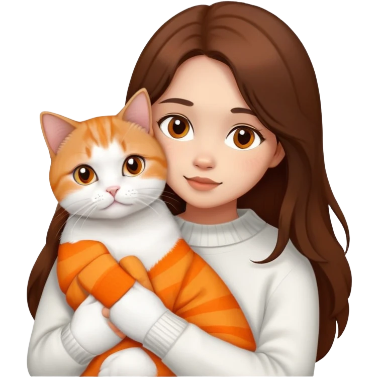 a girl with long dark brown hair, in a white sweater, hugs a Scottish fold orangeorange and white one cat. emoji