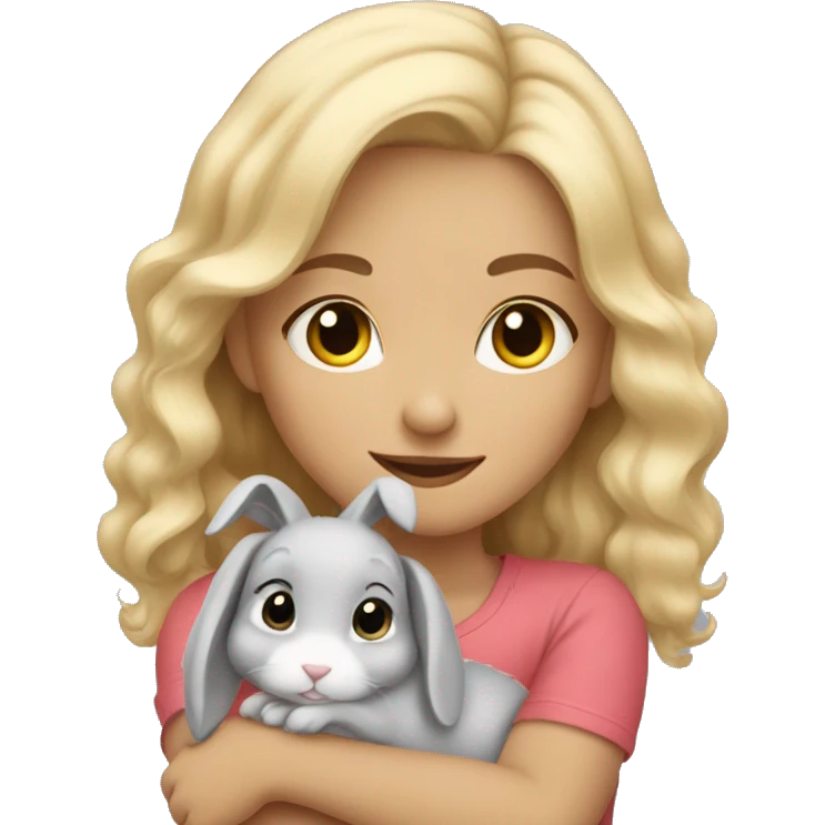 Blond wavy hair girl cuddling a cute grey rabbit emoji