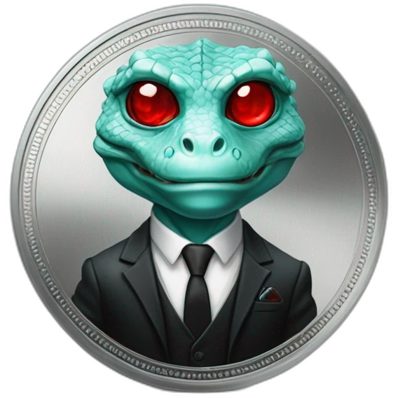 Aquamarine reptilian in classic black suite with red laser eyes on the middle of platinum coin emoji