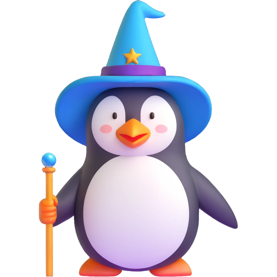 penguin wizard with magic wand and wizard hat emoji