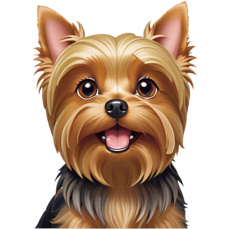 Cinematic Comical Yorkshire Terrier Portrait Emoji, Head tilted dramatically with an exaggeratedly surprised, comical expression and wide, expressive eyes, featuring a perky, well-groomed fur in rich hues, simplified yet hilariously detailed, glowing with a bold, sassy radiance, high shine, exuding playful mischief and cheeky terrier attitude, styled with a soft glowing outline, capturing the essence of a Yorkshire Terrier that appears ready to comically dash out of the frame! emoji