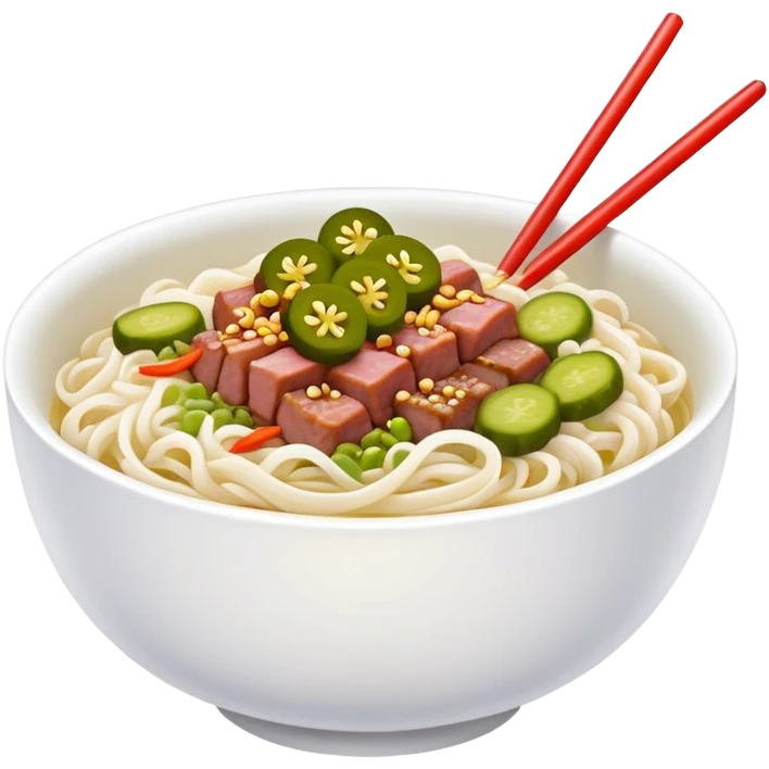 Guilin rice noodles with pickles and meat topping, simplified emoji style with bold outlines and bright colors, cartoon style rice noodle bowl emoji