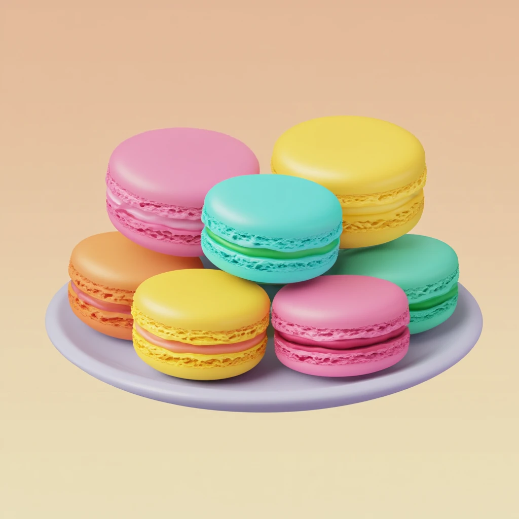 3D model of colorful macarons arranged on a plate, smooth realistic textures, vibrant pastel colors, iOS 18 F Lite style emoji