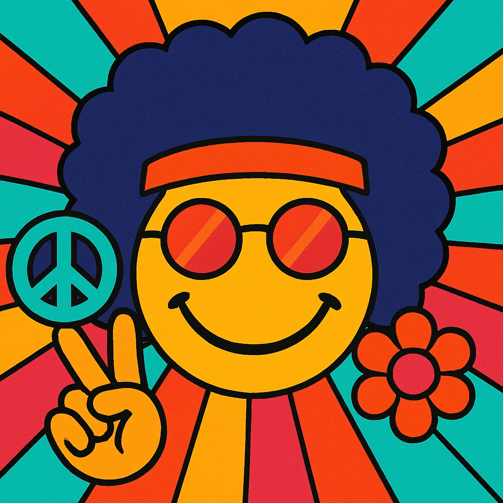 hippie smiley face with an afro, vibrant colors, peace and love vibe emoji