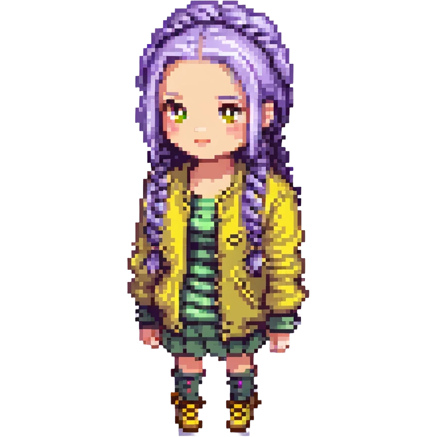 ragazza con capelli viola a treccia e giubbotto giallo emoji