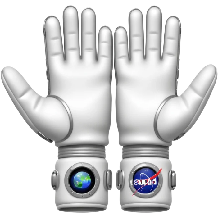 white pressurized astronaut gloves with metal wrist rings floating in space, 3D emoji style emoji