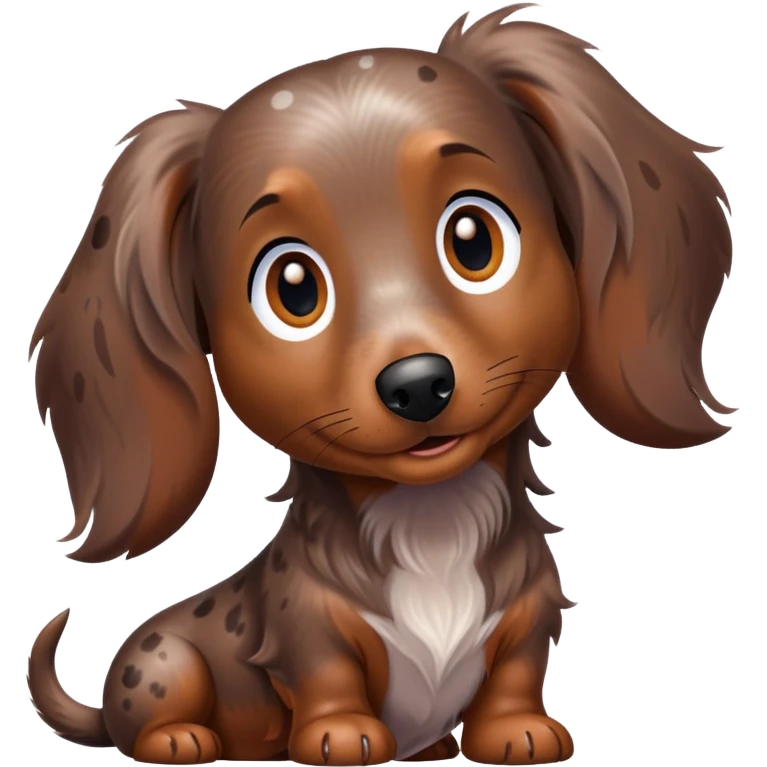 Long haired chocolate dapple dachshund with half light and half dark face emoji