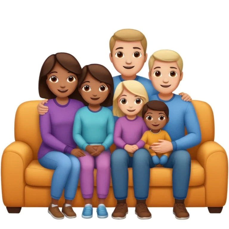family posing for photo, living room background emoji