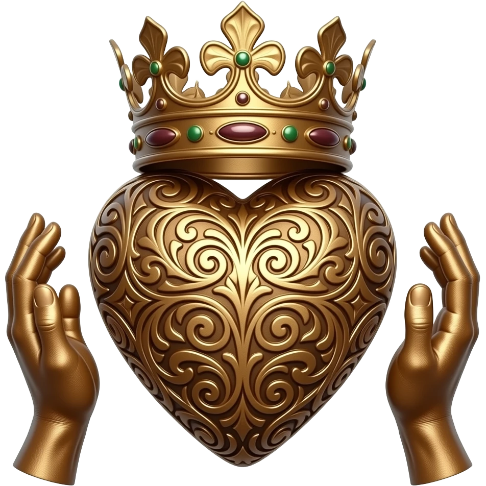 steampunk style - two bronze hands touch a bronze heart richly ornamented with arabesques with a richly decorated royal crown, dramatic lighting - backlight emoji