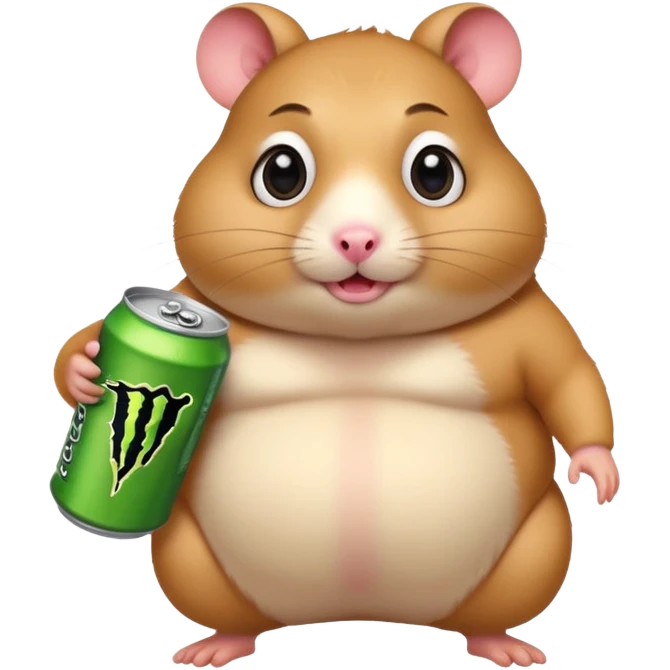 Funny cartoon-style fat hamster with big wide eyes  holding a can of monster energy in one hand and redbull in the other hand emoji