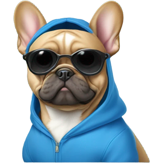 Frenchie dog wearing blue hoodie with blue cap and wearing black sunglasses  emoji