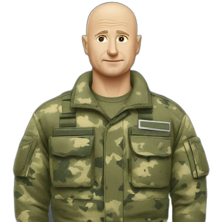 prigoZhin eugene points back in camouflage uniforms bald head speak mobile phone emoji