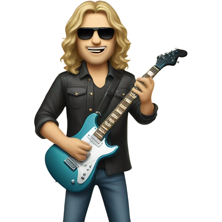 Caucasian man with long hair with sunglasses on playing electric guitar emoji