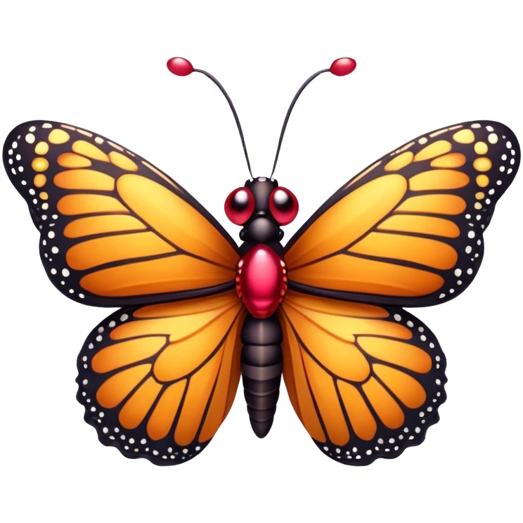 Cinematic Realistic Cute monarch Butterfly Portrait Emoji, Head tilted playfully and inquisitively, featuring vibrantly patterned ruby wings with intricate detailing and a charming, petite body with round, sparkling eyes full of warm curiosity, rendered with lifelike precision and natural highlights, high shine, affectionate and spirited, styled with a touch of whimsical garden delight, soft glowing outline, capturing the essence of a mischievous yet lovable monarch butterfly that seems poised to flutter playfully into your arms! emoji