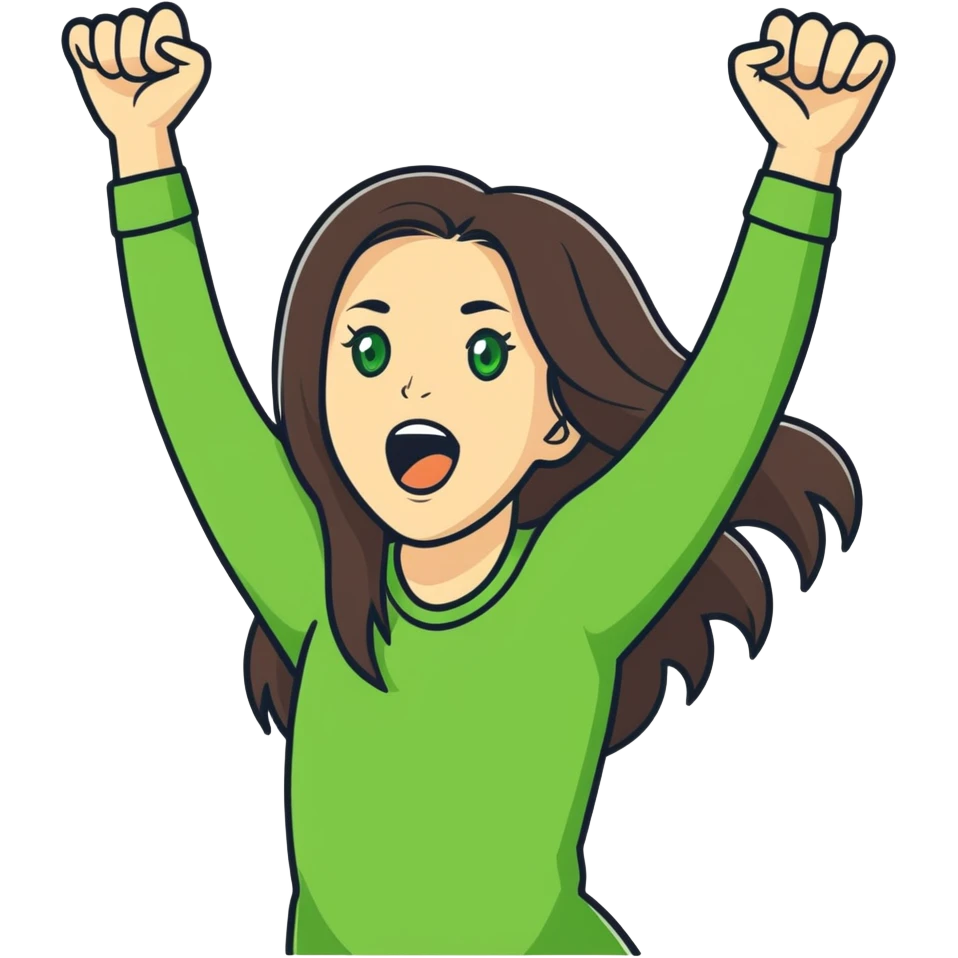 white girl, long brunette hair, green eyes screams with delight and rejoices in victory emoji