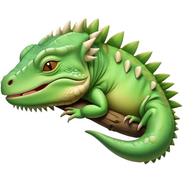 Meme-Worthy Cute Sleeping Iguana Portrait Emoji, Head resting peacefully with a contented smile, showcasing a solid, textured body with a subdued spiky crest and eyes gently closed in serene slumber, Simplified yet adorably endearing features, highly detailed, glowing with a soft, drowsy jungle light, high shine, relaxed and utterly lovable, stylized with an air of playful laziness, soft glowing outline, capturing the essence of a sleeping iguana that feels destined to become the next viral icon of adorable rest! emoji