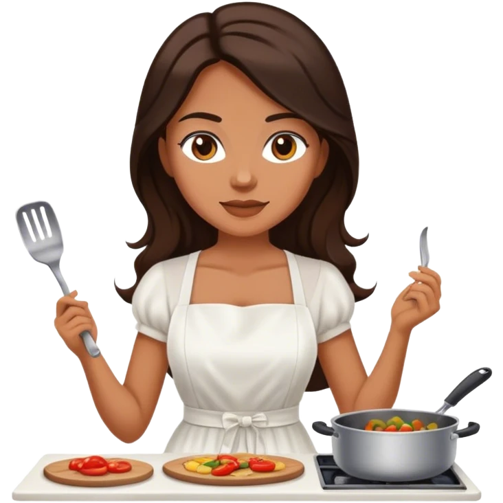 Beautiful woman in 1950’s woman fashion look, white dress, long dark brown hair, cooking emoji