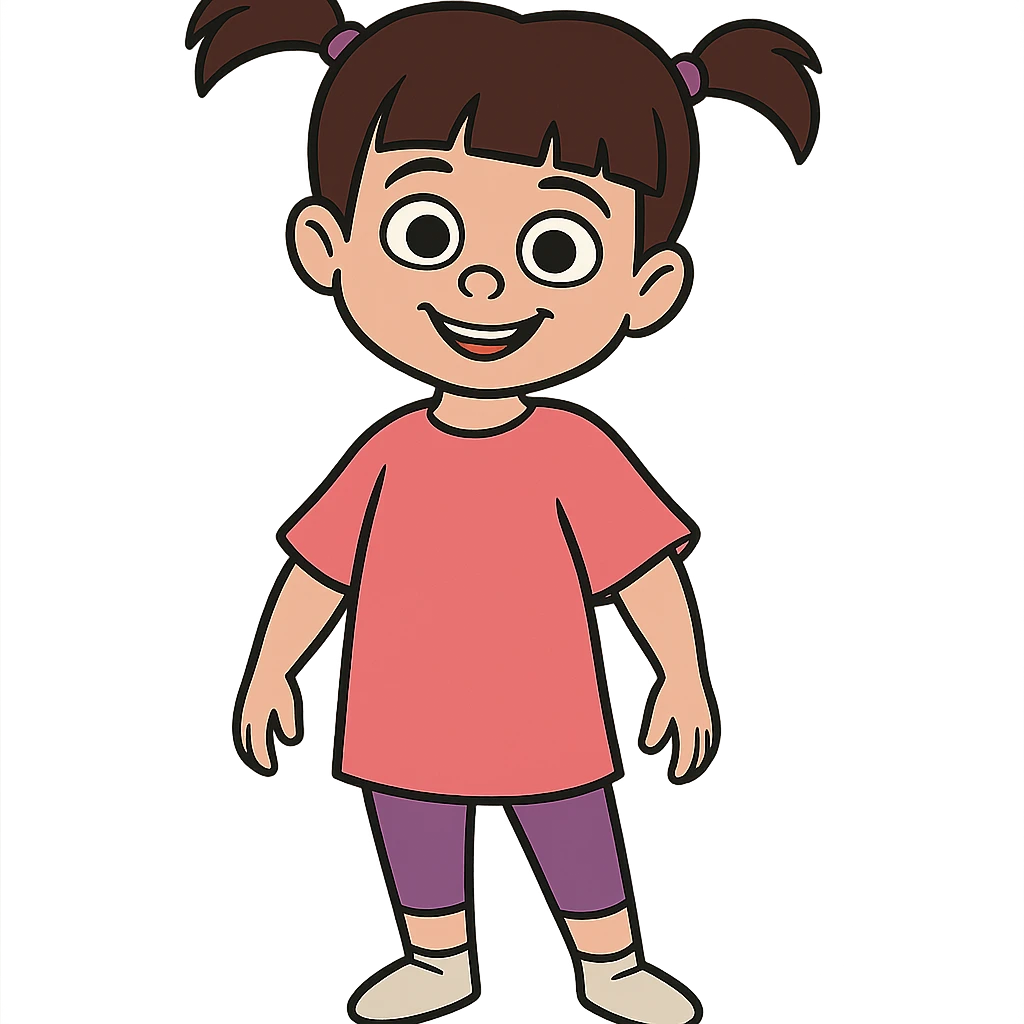 Boo from Monsters Inc, young girl with pigtails, pink t-shirt, purple leggings, smiling, full body, cartoon style matching confident Mike Wazowski and Sulley emoji