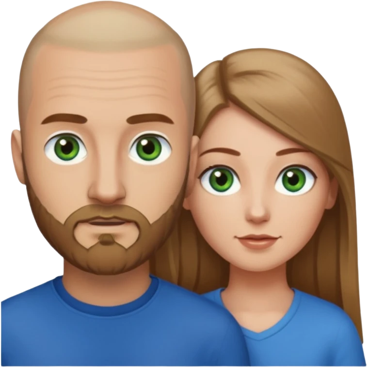 Man on left with shaved head with dark blonde beard and blue eyes and woman on the right with long brown hair green eyes  emoji