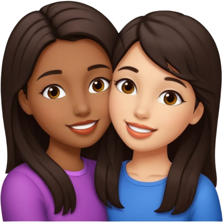 A girl kisses her friend The girls' hair color is dark brown. With wheatish skin  emoji