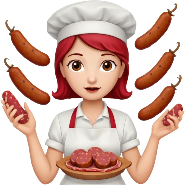 Charcutera con un chorizo y embutido en la mano con una redecilla en el pelo y delantal blanco y añade mucha carne alrededor emoji