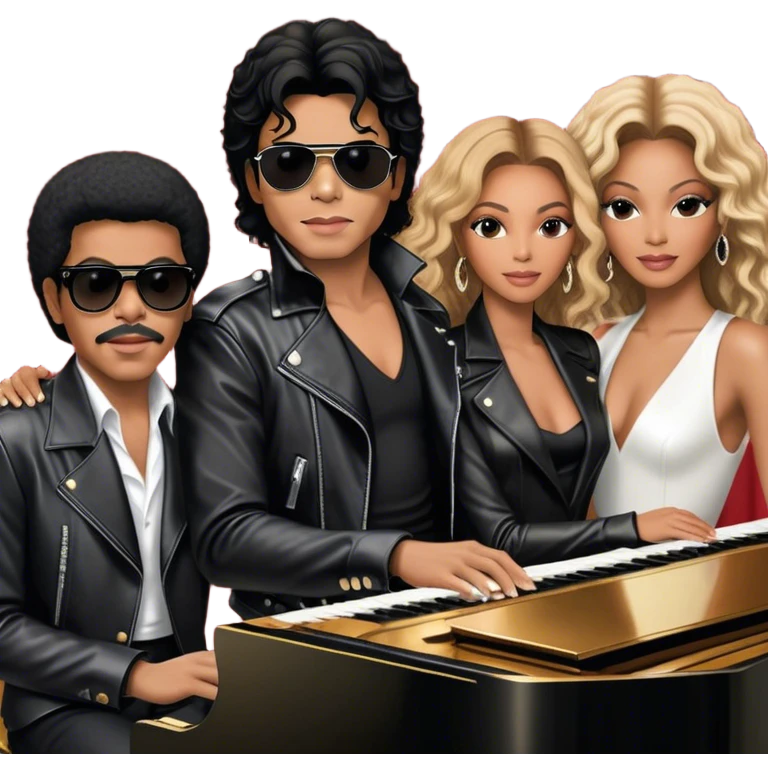 Michael Jackson in his black leather jacket, Beyoncé in a glamorous stage outfit, Lionel Richie in his classic look, Whitney Houston in her famous dress, and Ray Charles in black glasses sitting at a piano. Transparent background. emoji