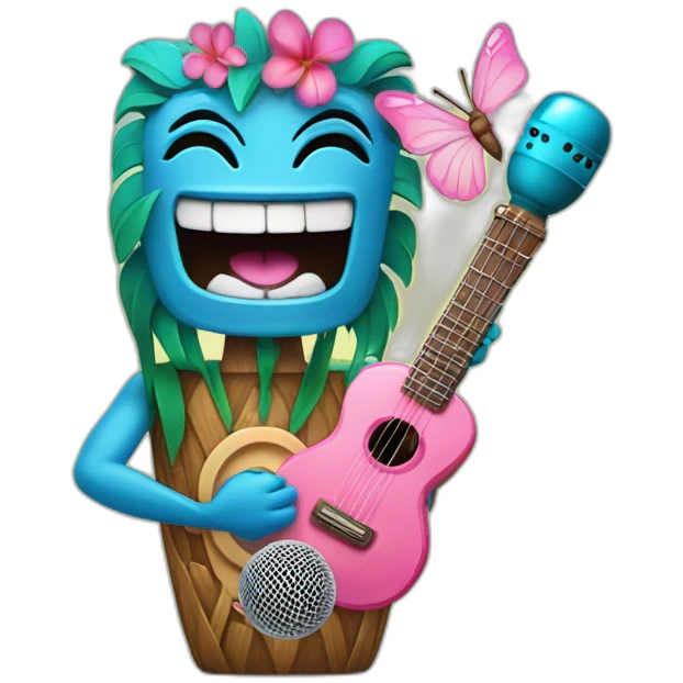 Cartoon Blue and pink tiki singing with butterfly and in the mikrophone emoji