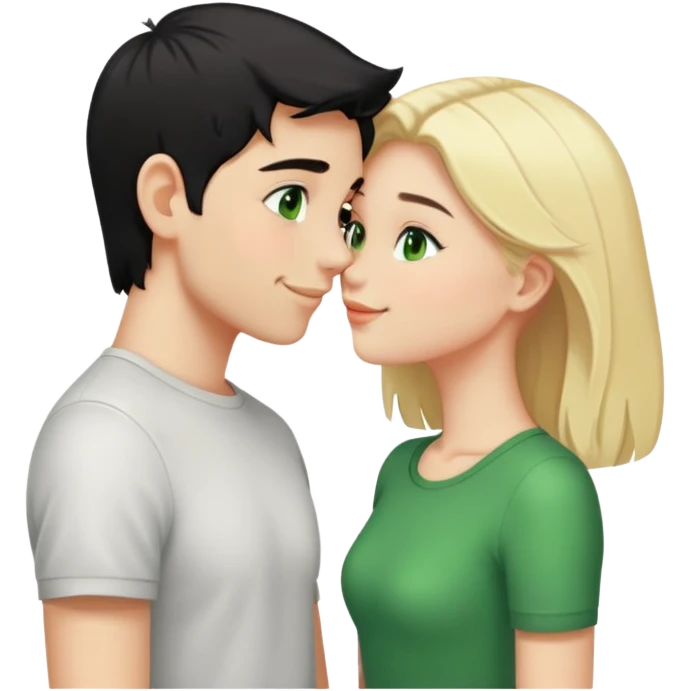 Smiling kissing couple of boy with short black hair and green eyes and blonde girl with long hair emoji