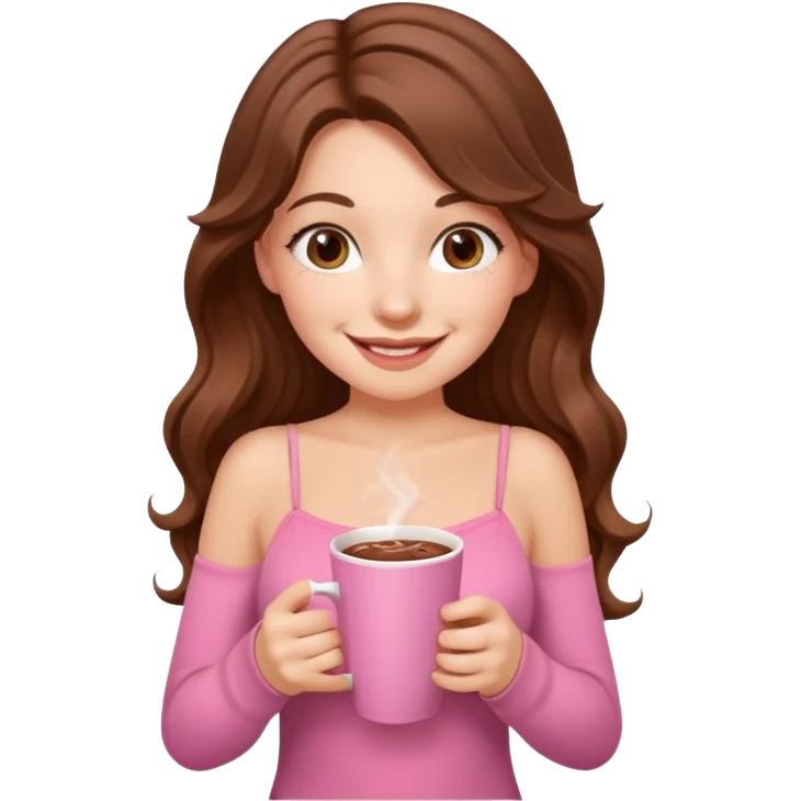 menina branca com cabelos castanhos longos ondulados com xícara rosa na frente com chocolate quente, com blusa de alça fina emoji