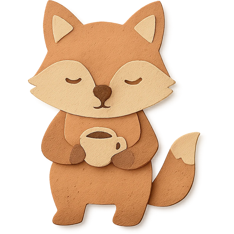 soft pastel coffee maker fox holding a tiny latte cup, brown and beige tones, full-body emoji