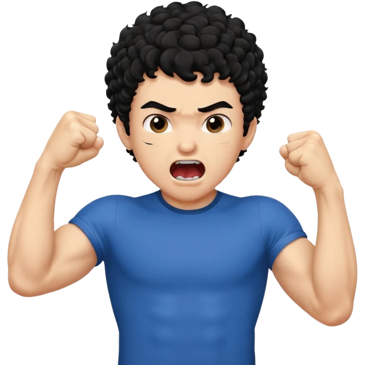 Emoji di ragazzo con capelli neri e ricci che urla e che fa vedere il muscolo del braccio e che fa questo gesto ✊🏻 emoji