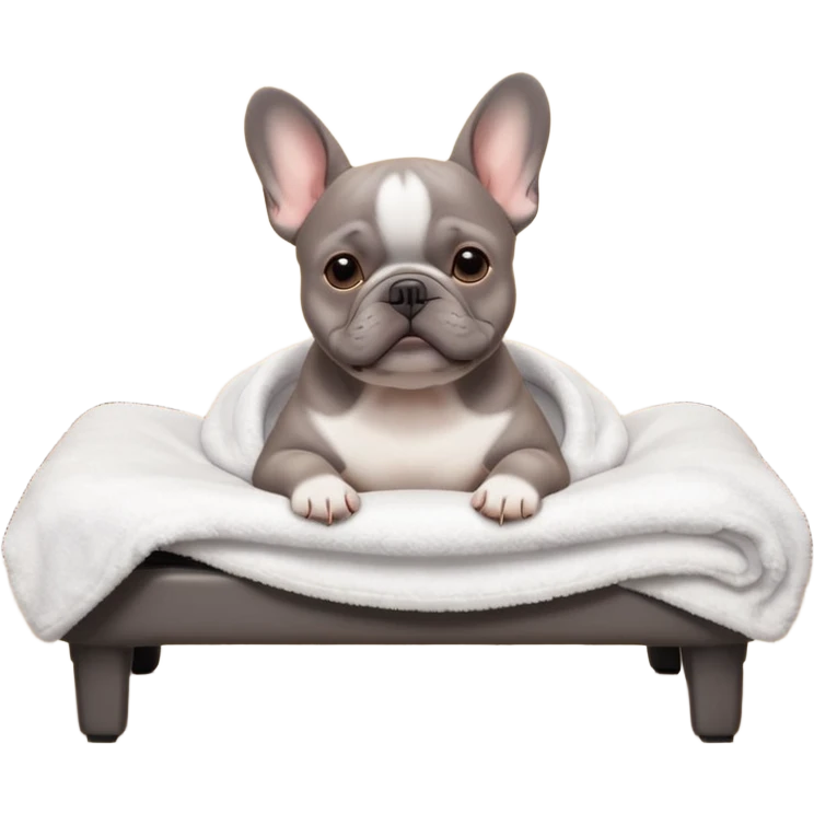 A gray French Bulldog lying relaxed on a professional massage table in a cozy spa room. Soft warm lighting, clean interior, gentle towels, peaceful atmosphere, detailed high-quality render, cute facial expression, realistic fur texture. emoji