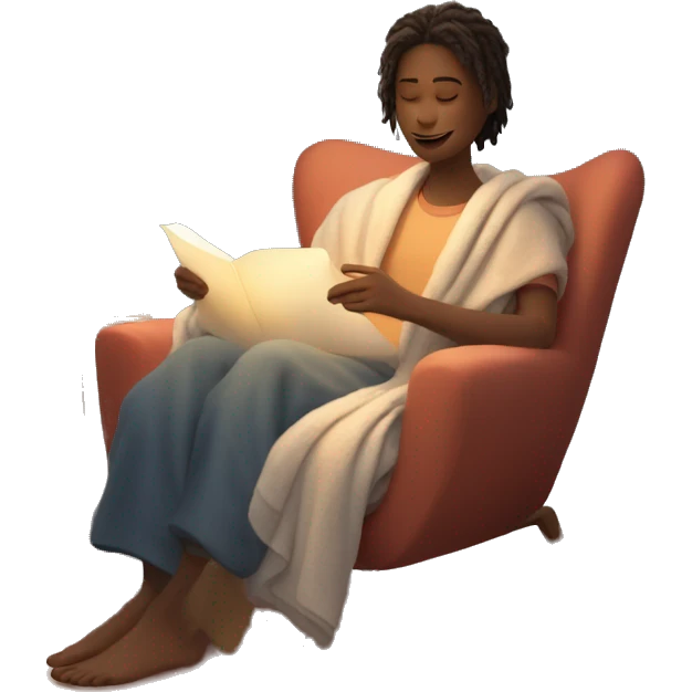 An image of a person relaxing on a comfy chair with a blanket, a cup of tea, and soft lighting, creating a peaceful atmosphere emoji