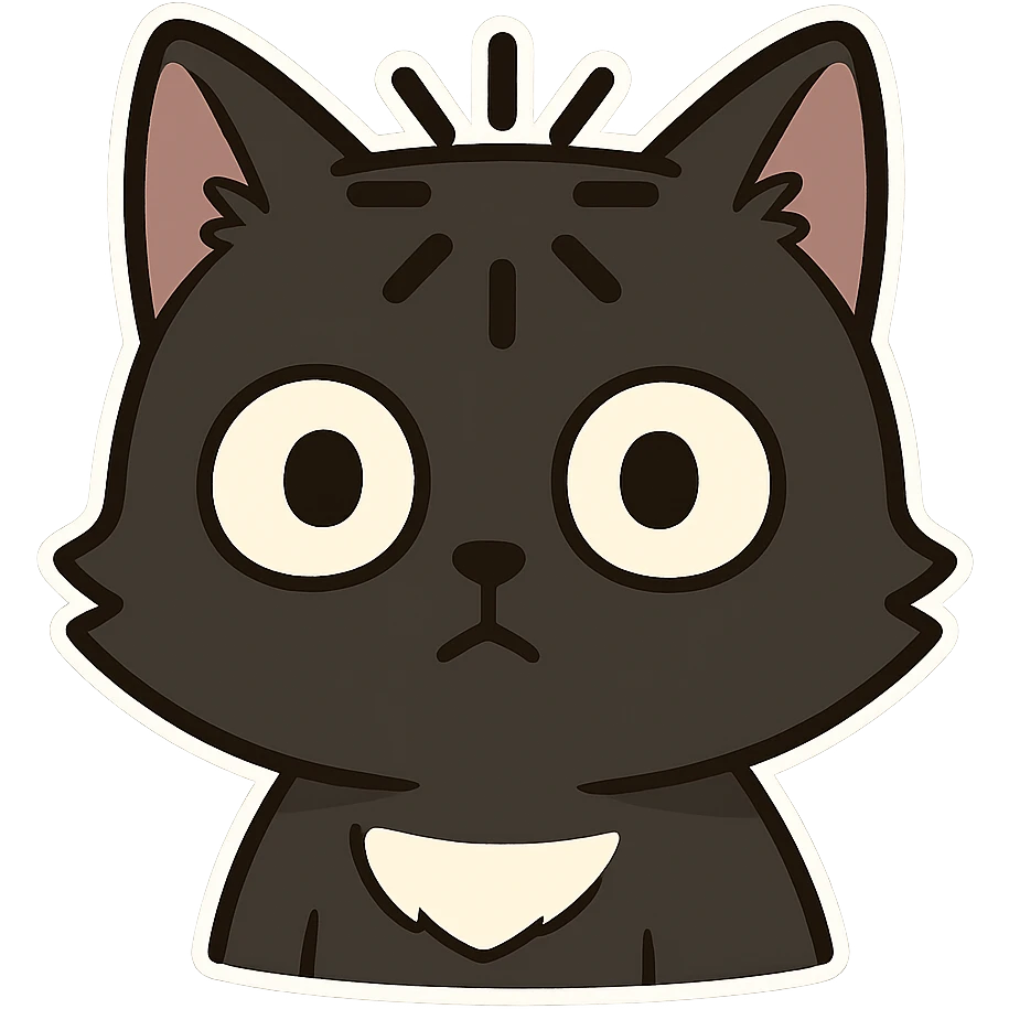 Cat meme, a black cat head with a dull expression, wide eyes, and a loading symbol on its head emoji
