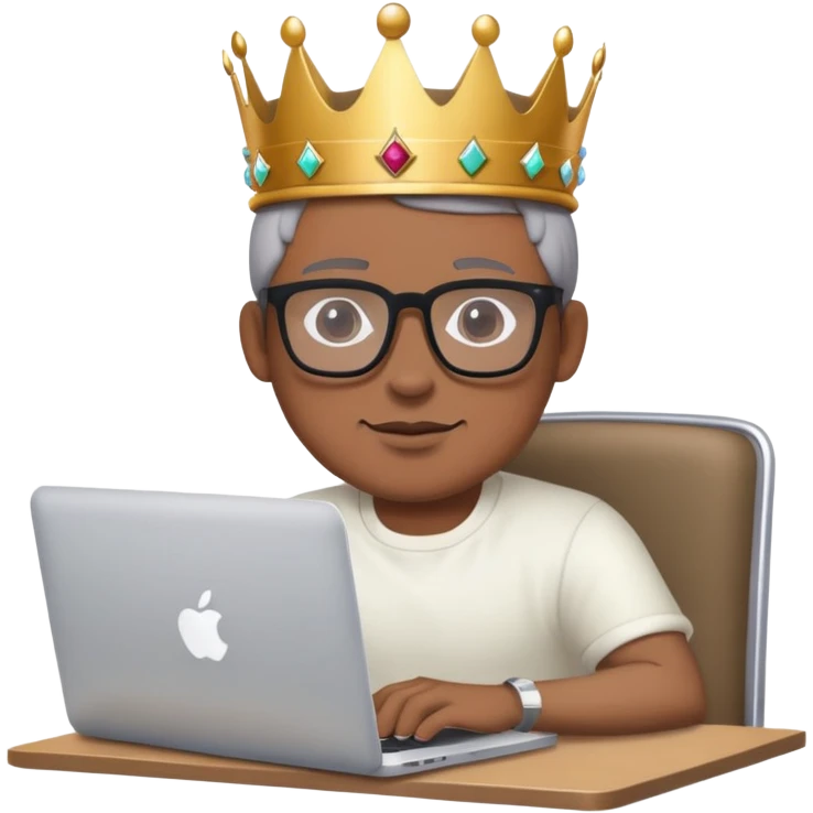 Man in glasses with crown on his head sat at the desk with MacBook  emoji