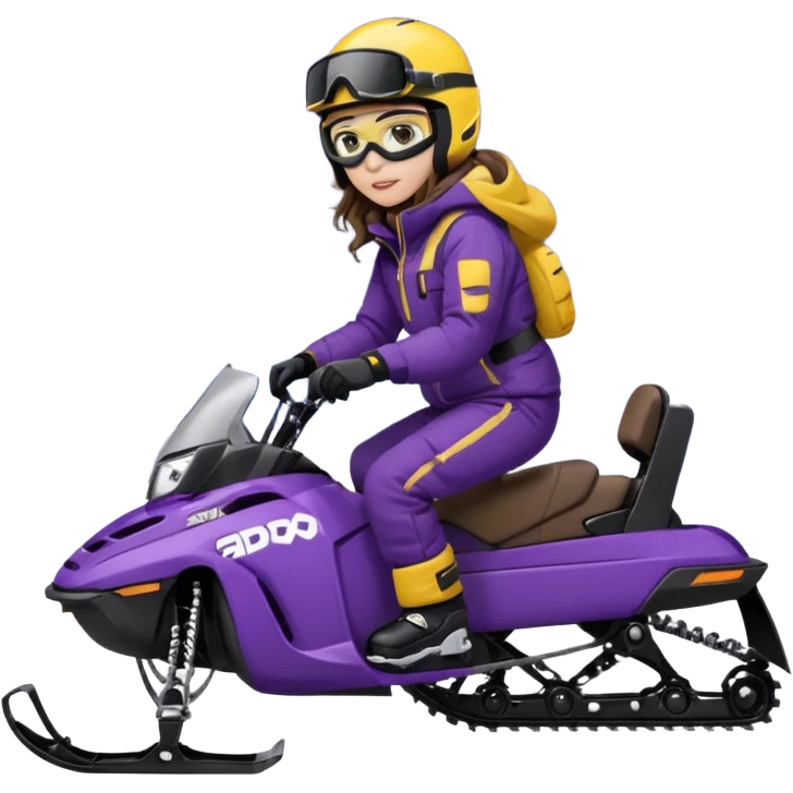 Brown, long wavy hair, ski-doo jacket and pants ski doo boots helmet and goggles, dark purple sled Sitting on dark purple snowmobile goggles and helmet not covering my face brown eyes white skin emoji