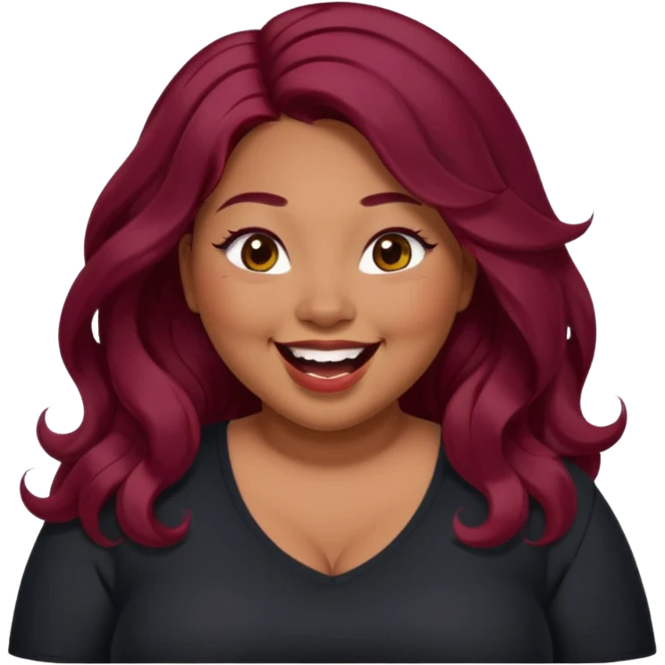 Plus size red hair brown face small eyes long hair Asian eyes small eyes wavy hair eye lashes burgundy hair black shirt laughing small slanted eyes emoji