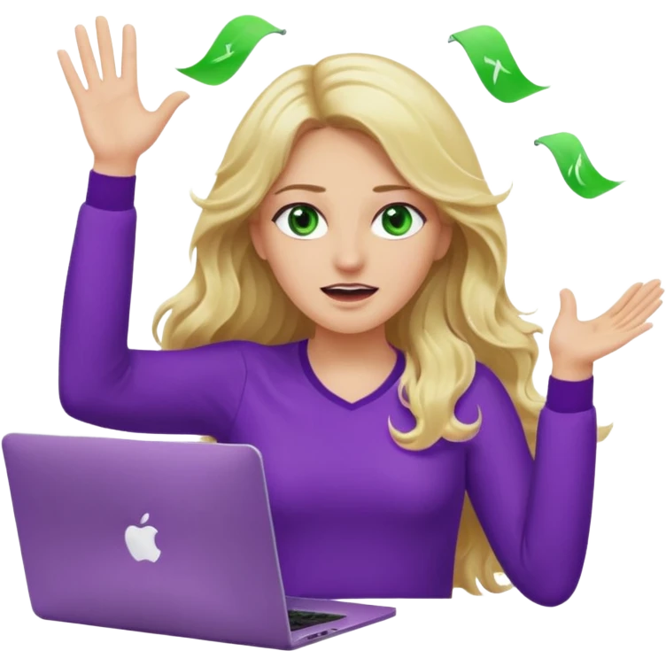 lady with long wavy blonde hair, purple top, green eyes, throwing her with a purple mac laptop hands in the air crying emoji