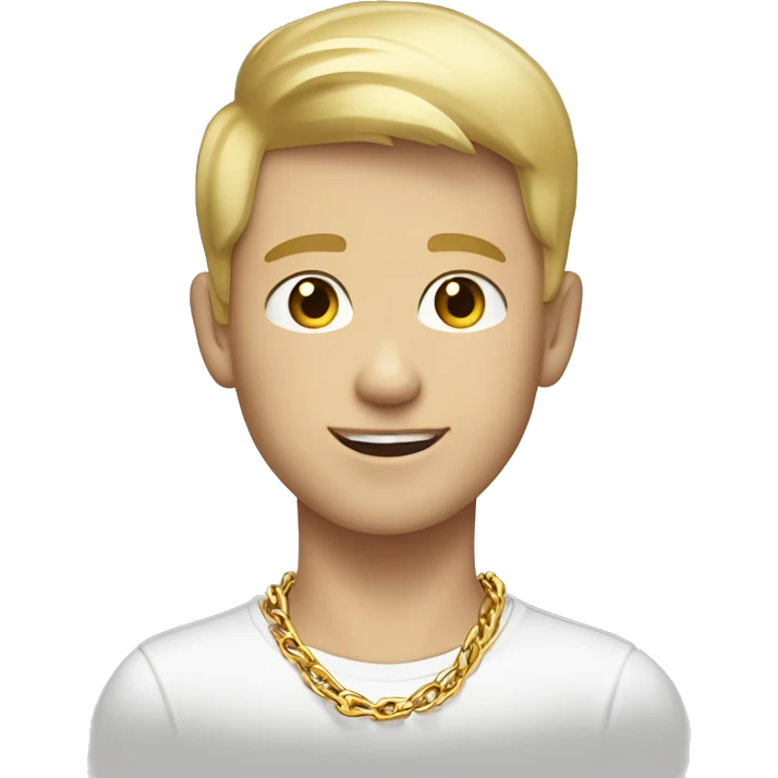 “Create an emoji-style character of a young white boy with short blonde hair, wearing gold chains around his neck. The design should have a modern, trendy, and vibrant aesthetic, suitable for use as an expressive emoji.” emoji