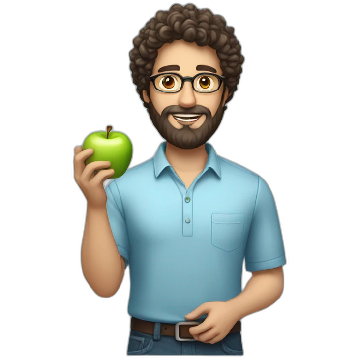 A male nutritionist with a full beard and dark, curly hair and white skin, wearing glasses, holding an apple in his hand. Who has a light blue shirt on. emoji