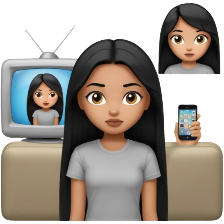 a pretty bratz dusky girl with long straight hair watching tv and wearing a grey tshirt emoji