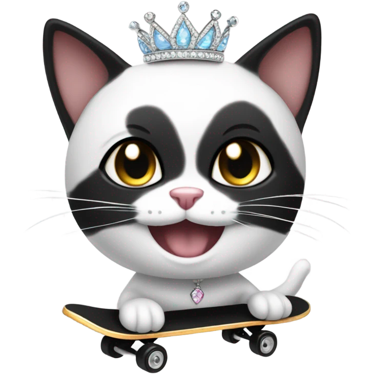 Grinning Black and white cat skateboarding wearng crystal tiara emoji