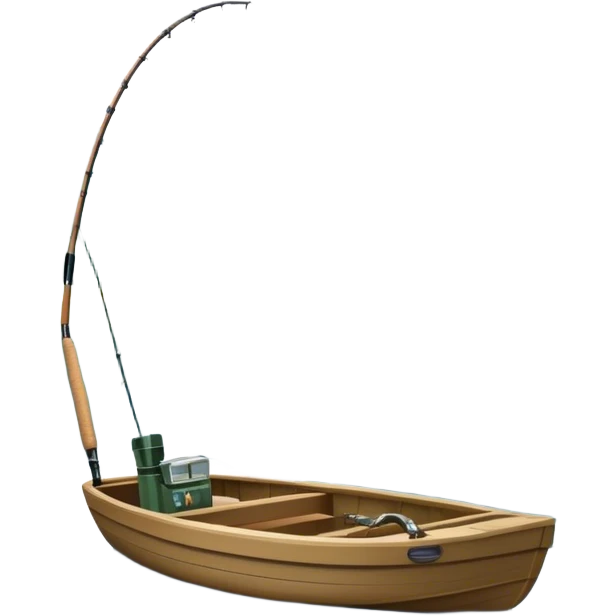 Icon for Fishing: a boat on the shore of a serene lake, including trees and water, with a scenic natural background, a fishing rod and tackle box. The icon should represent the peacefulness of fishing. Transparent background, no border. emoji